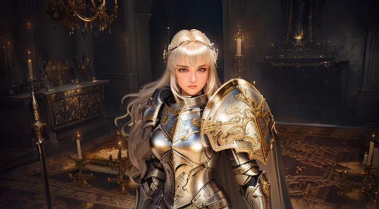 there is a woman in a silver armor standing in a room, gorgeous female paladin, portrait knight female, portrait of female paladin, of a beautiful female knight, crimped hair in warhammer, armor focus on face, picture of female paladin, female paladin, pretty female cleric, female knight, light coming off of the armor, beautiful female knight