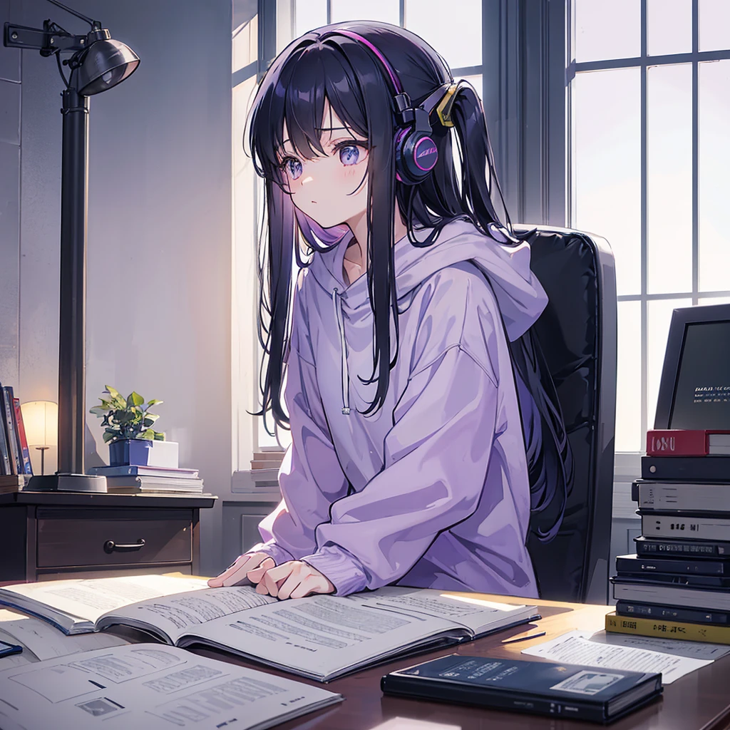Vertical portrait (4:5 ratio) of a 15-year-old Taiwanese girl studying late at night. The room is very dimly lit, with only a small desk lamp providing warm, localized light. The girl wears large "ANE//AB" branded headphones and light blue pajamas with shorts. She's leaning over her desk, eyes focused intently on an open textbook. Her long dark hair falls forward, partially obscuring her face. The desk is cluttered with study materials, mostly in shadow. A window shows a dark night sky with a few stars. In a dark corner, a golden retriever sleeps, barely visible. The scene is in Lo-fi anime style, using deep blues, purples, and muted ambers to emphasize the late-night atmosphere. Shadows are pronounced, contrasting with the small pool of light from the desk lamp.