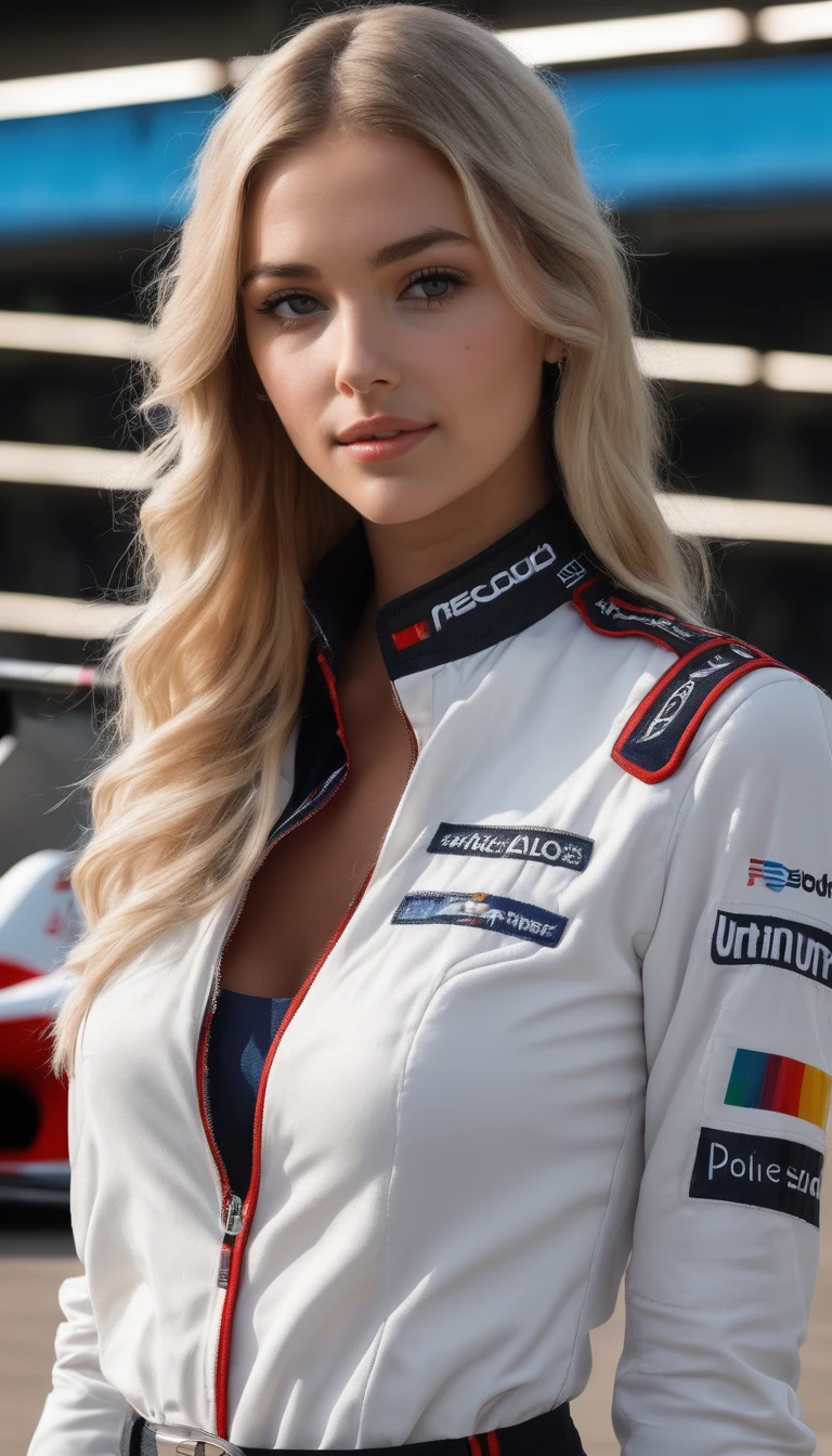 racer jumpsuit, ((white shirt)), formula 1 pilot, (full body, ultra-detailed), laying next to a formula 1 racing car, in front of the camera, ((perfect eyes, detailed eyes,realistic eyes)), (masterpiece, best quality, ultra-detailed, best shadow), high contrast, (best illumination), ((cinematic light)), colorful, hyper detail, dramatic light, intricate details, (1 girl, solo) , ultra detailed artistic photography, dreamy, backlit, shadows, ultra high definition, 8k, ultra sharp focus, ultra high quality model, soft lighting, film photography, analogue photography, hyperrealism,, ((sharp face, detailed face, realistic face, natural skin, realistic skin, detailed skin, pores)), very large breast, 25 years old very beautiful american girl, long straight blonde hair, expose cleavage, smiling