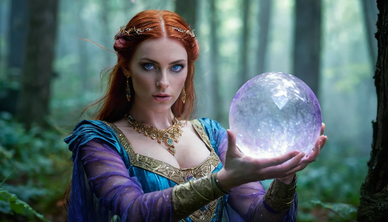 Triss Merigold does fire magic on her hands, best qualityer,high resolution,ultra detali,(realisitic:1.37),beautiful detailed eyes,beautiful detailed lips,extremely detailed eye and face,long eyelashes,(HDR:1.1),(bright coloured:1.1),(sharp focus:1.1),(Physically based rendering:1.1),portraite,Sorceress,Red hair,distinct white stripe,complex gold jewelry,Elven heritage,blue colored eyes,confident expression,ferocious,standing in a magical forest,against a backdrop of ancient trees and fog,holding a wooden staff with a glowing crystal sphere on top,wearing a flowing dress made of shiny fabric,soft sunlight filtering through the leaves,casting a warm, ethereal glow over her,mysterious shades of blue and purple all around you,illuminating her with a mystical aura.
