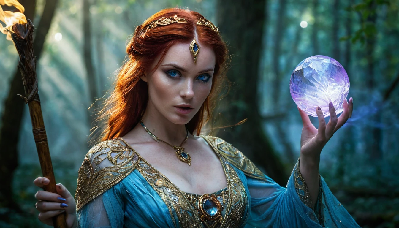 Triss Merigold does fire magic on her hands, best qualityer,high resolution,ultra detali,(realisitic:1.37),beautiful detailed eyes,beautiful detailed lips,extremely detailed eye and face,long eyelashes,(HDR:1.1),(bright coloured:1.1),(sharp focus:1.1),(Physically based rendering:1.1),portraite,Sorceress,Red hair,distinct white stripe,complex gold jewelry,Elven heritage,blue colored eyes,confident expression,ferocious,standing in a magical forest,against a backdrop of ancient trees and fog,holding a wooden staff with a glowing crystal sphere on top,wearing a flowing dress made of shiny fabric,soft sunlight filtering through the leaves,casting a warm, ethereal glow over her,mysterious shades of blue and purple all around you,illuminating her with a mystical aura.