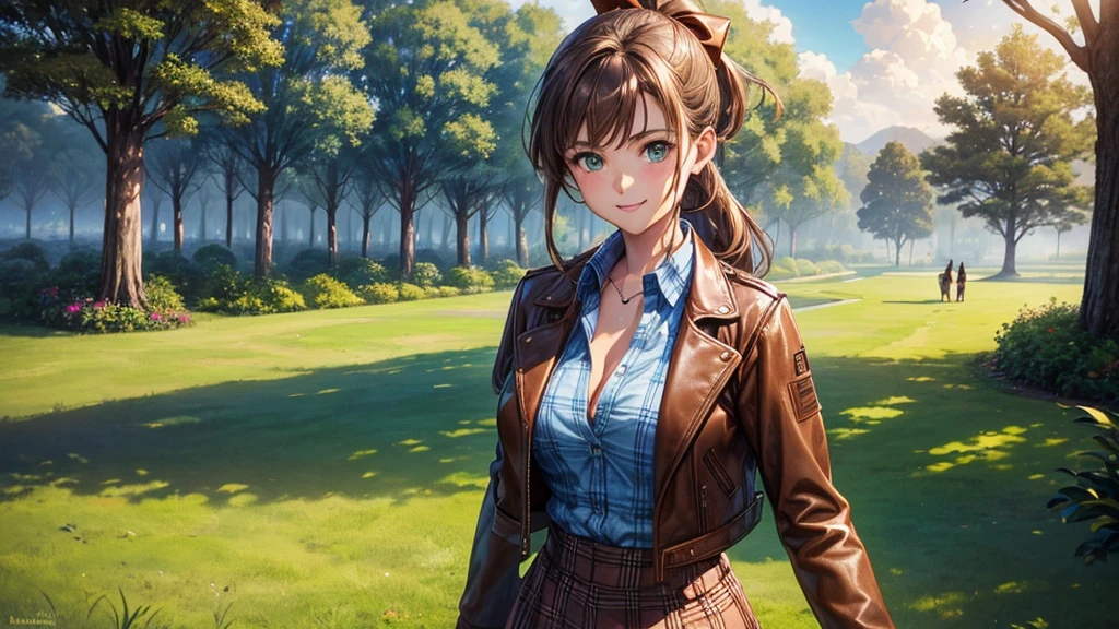 1girl, solo, trees, sun, clouds, autumn, colorful trees, falling leaves, ((brown hair)), ponytail, large breasts, ((brown leather jacket)), button down shirt, ((blue checked shirt)), ((unbuttoned shirt)), ((unbuttoning buttons)), ((popping buttons)), ((full cleavage)), blue eyes, skirt, brown boots, smile, happy, looking at the viewer, ((walking)), hair ribbon, golden necklate