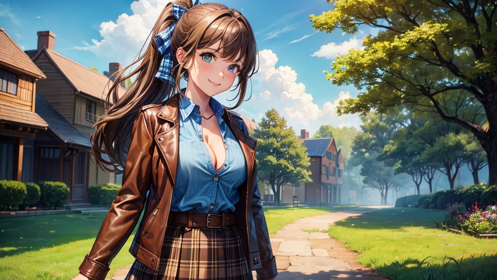 girl, solo, village, trees, sun, clouds, ((brown hair)), ponytail, large breasts, ((brown leather jacket)), button down shirt, ((blue checked shirt)), ((unbuttoned shirt)), unbuttoning buttons, cleavage 1:3, green eyes, long skirt, brown boots, smile, happy, looking at the viewer, standing, hair ribbon, golden necklate