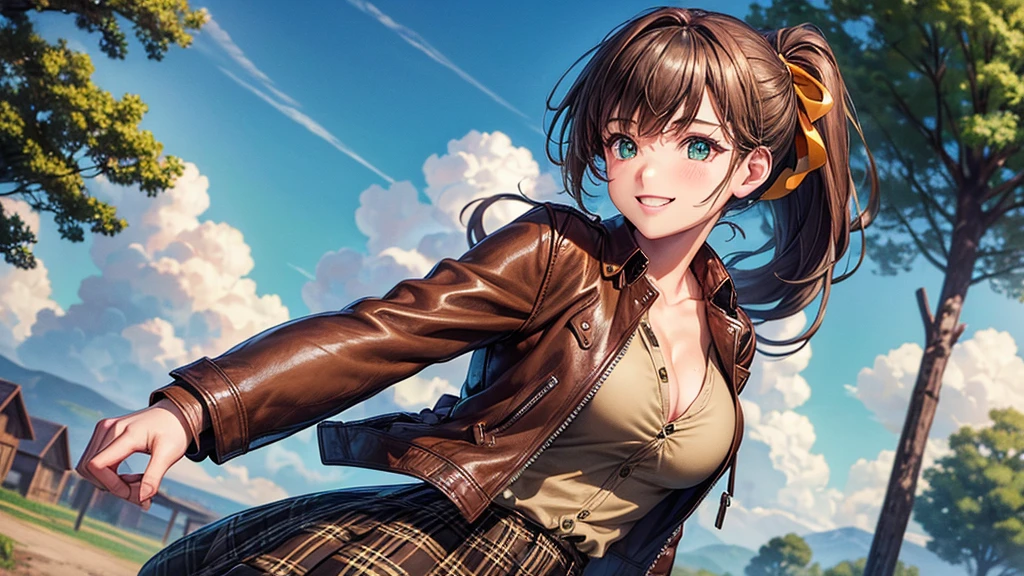 girl, solo, village, trees, sun, clouds, ((brown hair)), ponytail, large breasts, ((brown leather jacket)), button down shirt, ((blue checked shirt)), ((unbuttoned shirt)), unbuttoning buttons, cleavage 1:3, green eyes, long skirt, brown boots, smile, happy, looking at the viewer, standing, hair ribbon, golden necklate