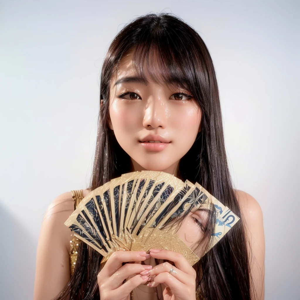 Arabian woman holding money fan in her hand, a young Asian woman, young Asian woman, portrait of a Japanese teen, young Asian Girl, an Asian woman, Young and pretty Asian face, Japanese woman, Asian Girl, nationality : Japanese, Asian woman, portrait of a Japanese girl, of a youthful Japanese girl, bill, beautiful young Asian woman 顔のクローズアップ)))、Half Japanese and half Korean、40-year-old woman、Looking forward、Light eye makeup、Brown Hair Color、Hair blowing in the wind、quality、Shiny Ultra-Realistic Face、Plump、glossy、Tempting、Sweat、Wet、Watery eye、sexy、I feel、Subtle lighting effects、Ultra-Realistic Capture、Very detailed、High resolution 16K human skin closeup。Skin texture must be natural、The detail must be such that the pores are clearly visible.、The skin is healthy、Even Tone、Use natural light and colors、モデルエージェンシーの社内で撮影された使い古された高qualityの写真写真家、smile、(((SIGMA 300 mm F/1.4、1/1000 sec shutter、ISO 400)))