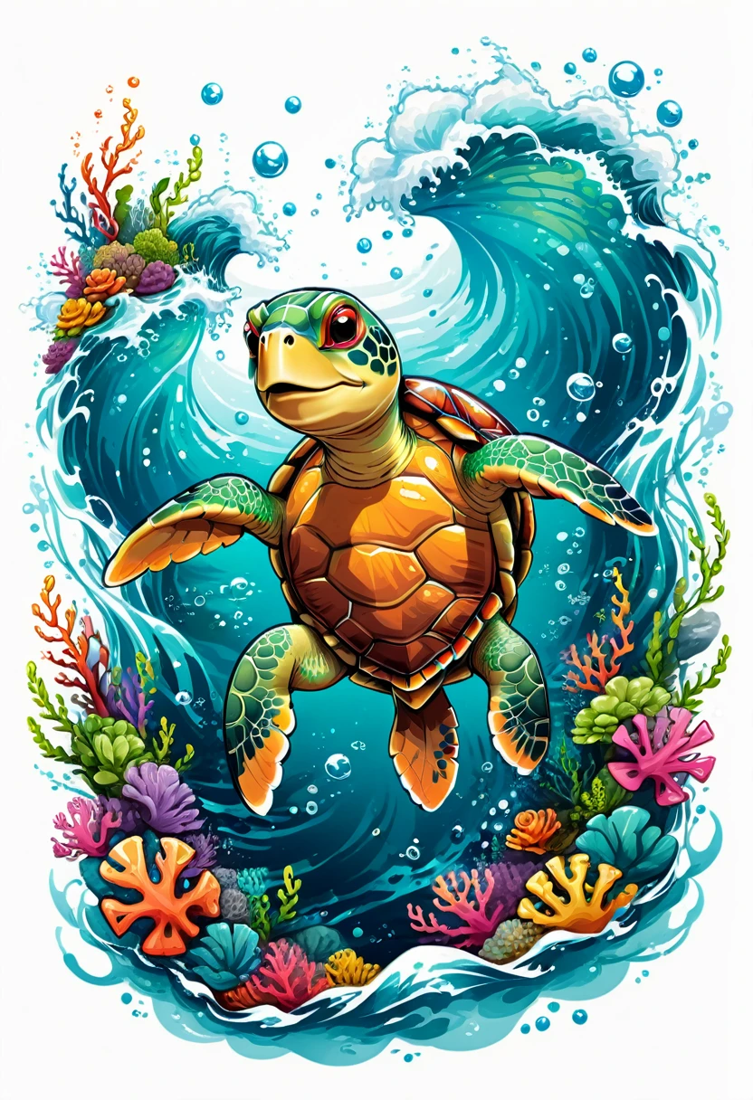 t-shirt designs, vectorial art, colorful illustration of a smiling turtle, At the center, swirly vibrant colors, sea waves, air bubbles, seaweed, Buzios, high détail, White background, t shirt design.
(work of art, best qualityer, proffesional, perfect composition, very aesthetic, absurdrez, super verbose, details Intricate:1.3)