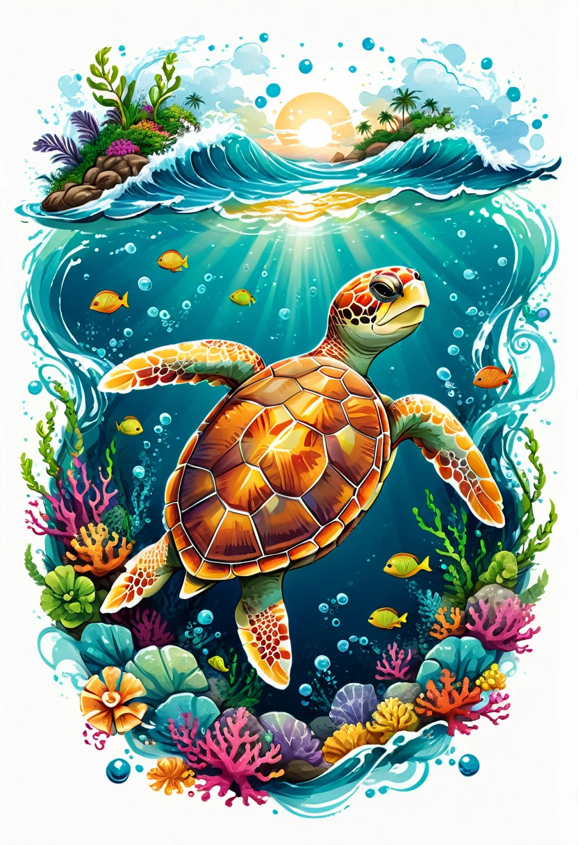 t-shirt designs, vectorial art, colorful illustration of a smiling turtle, At the center, swirly vibrant colors, sea waves, air bubbles, seaweed, Buzios, high détail, White background, t shirt design.
(work of art, best qualityer, proffesional, perfect composition, very aesthetic, absurdrez, super verbose, details Intricate:1.3)