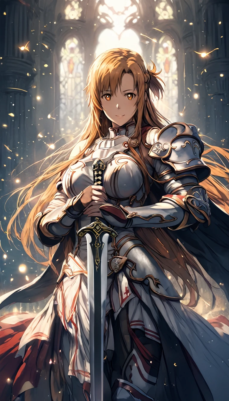 (hews art style:0.7), score_9, score_8_up, score_7_up, score_6_up, uncensored, asuna yuuki from sword art online, orange hair, long hair, orange eyes, fold, BREAK (masterpiece:1.2), best quality, high resolution,(detailed eyes:1.3), perfect lighting, (perfect hands, perfect anatomy), large breasts, holding, standing, weapon, female focus, sword, cape, holding weapon, armor, holding sword, shoulder armor, gauntlets, facing viewer, pauldrons, breastplate, planted, full armor, bokeh, backlighting, firefly, fireflies, hollow eyes, bright pupils, 