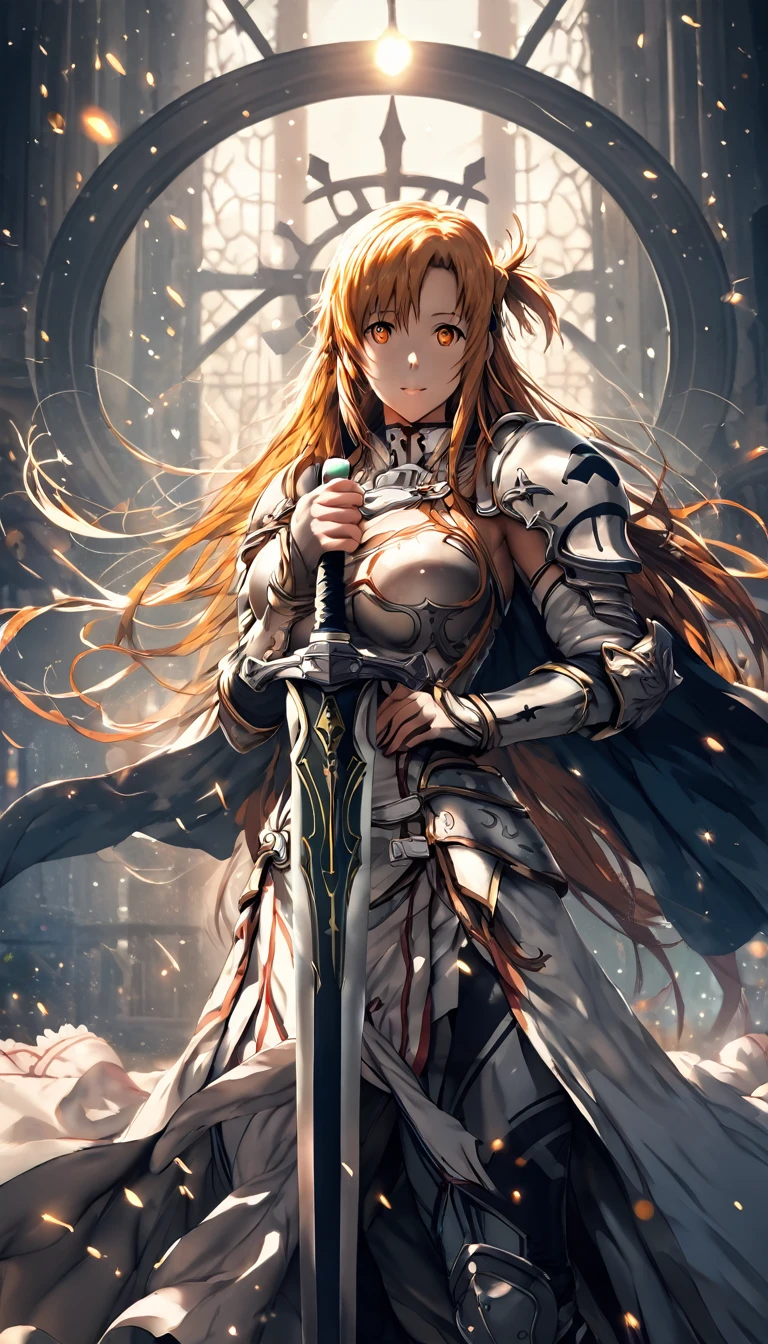 (hews art style:0.7), score_9, score_8_up, score_7_up, score_6_up, uncensored, asuna yuuki from sword art online, orange hair, long hair, orange eyes, fold, BREAK (masterpiece:1.2), best quality, high resolution,(detailed eyes:1.3), perfect lighting, (perfect hands, perfect anatomy), large breasts, holding, standing, weapon, female focus, sword, cape, holding weapon, armor, holding sword, shoulder armor, gauntlets, facing viewer, pauldrons, breastplate, planted, full armor, bokeh, backlighting, firefly, fireflies, hollow eyes, bright pupils, 