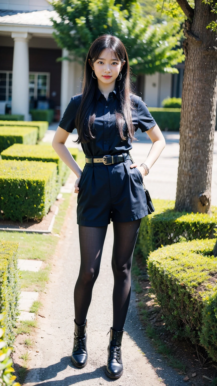 (8k、RAW Photos、Highest quality、masterpiece:1.2)、(Realistic、Realistic)、1 Girl、((Black shorts、Check shirt、Thin legs、boots、tights、garden、View from the front、Looking at the camera、belt、Hands on your hips))、cute