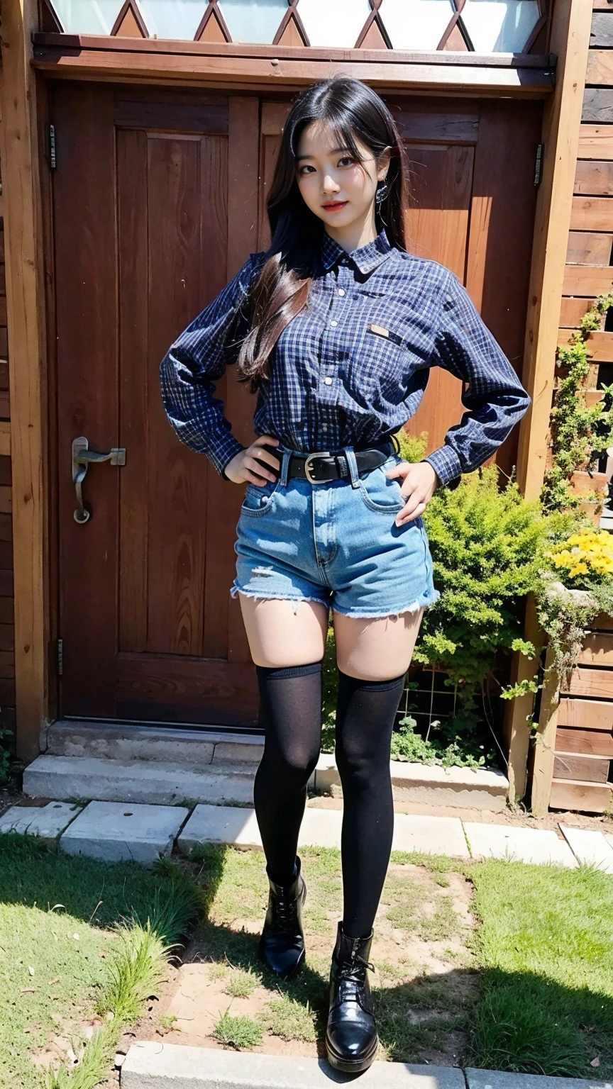 (8k、RAW Photos、Highest quality、masterpiece:1.2)、(Realistic、Realistic)、1 Girl、((Black shorts、Check shirt、Thin legs、boots、tights、garden、View from the front、Looking at the camera、belt、Hands on your hips))、cute