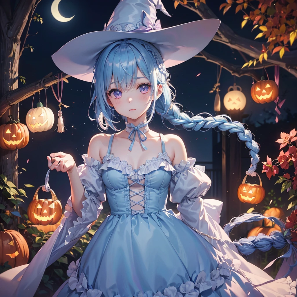 (Light blue medium hair:1.2),(Braided hair:1.2)、Pink eyes、Fair skin、cowboy shot、Halloween、The background is a pumpkin ghost、Crescent Moon、Trick or Treat、A lot of sweets、witch、Halloween night、Candy、many bat、Condescending expression、solo、(masterpiece、Highest quality、Very detailed、Best Shadow)、(Detailed Background)、(Beautifully detailed face)、High contrast、(Best lighting、Very delicate and beautiful)、(Cinematic Light)、colorful、Hyper Detail、Dramatic Light、Exquisite detail、