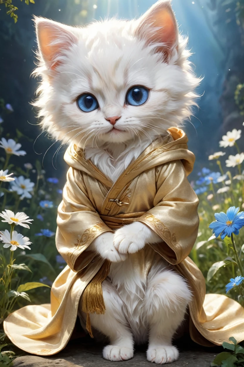 small, かわいいto be bornき物, Wearing a golden robe, whole body, , Sitting, Costume, Fantasy art, Exquisite detail, Jean-Baptiste Monge Style, Alan Lee Style, Anthropomorphic blue-eyed white furry kitten, Movie Scenes, Dramatic shot angles, , Realistic, to be born々Stunning cinematic photorealism, Action Portrait, 8k, detailed, Full Frame, The background is mystical flower meadow, Mysterious Space, The sun is shining, Very God々Shining