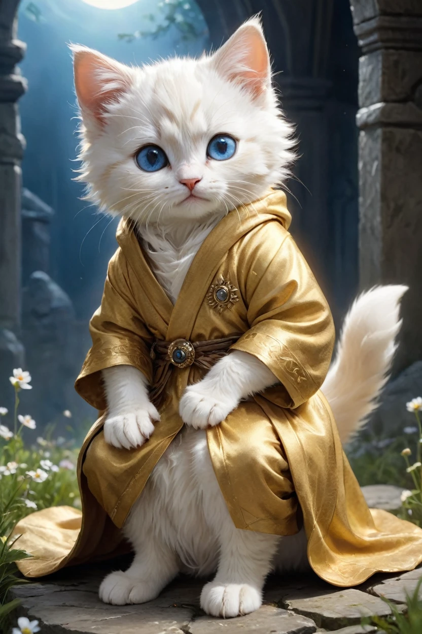 small, かわいいto be bornき物, Wearing a golden robe, whole body, , Sitting, Costume, Fantasy art, Exquisite detail, Jean-Baptiste Monge Style, Alan Lee Style, Anthropomorphic blue-eyed white furry kitten, Movie Scenes, Dramatic shot angles, , Realistic, to be born々Stunning cinematic photorealism, Action Portrait, 8k, detailed, Full Frame, The background is mystical flower meadow, Mysterious Space, The sun is shining, Very God々Shining
