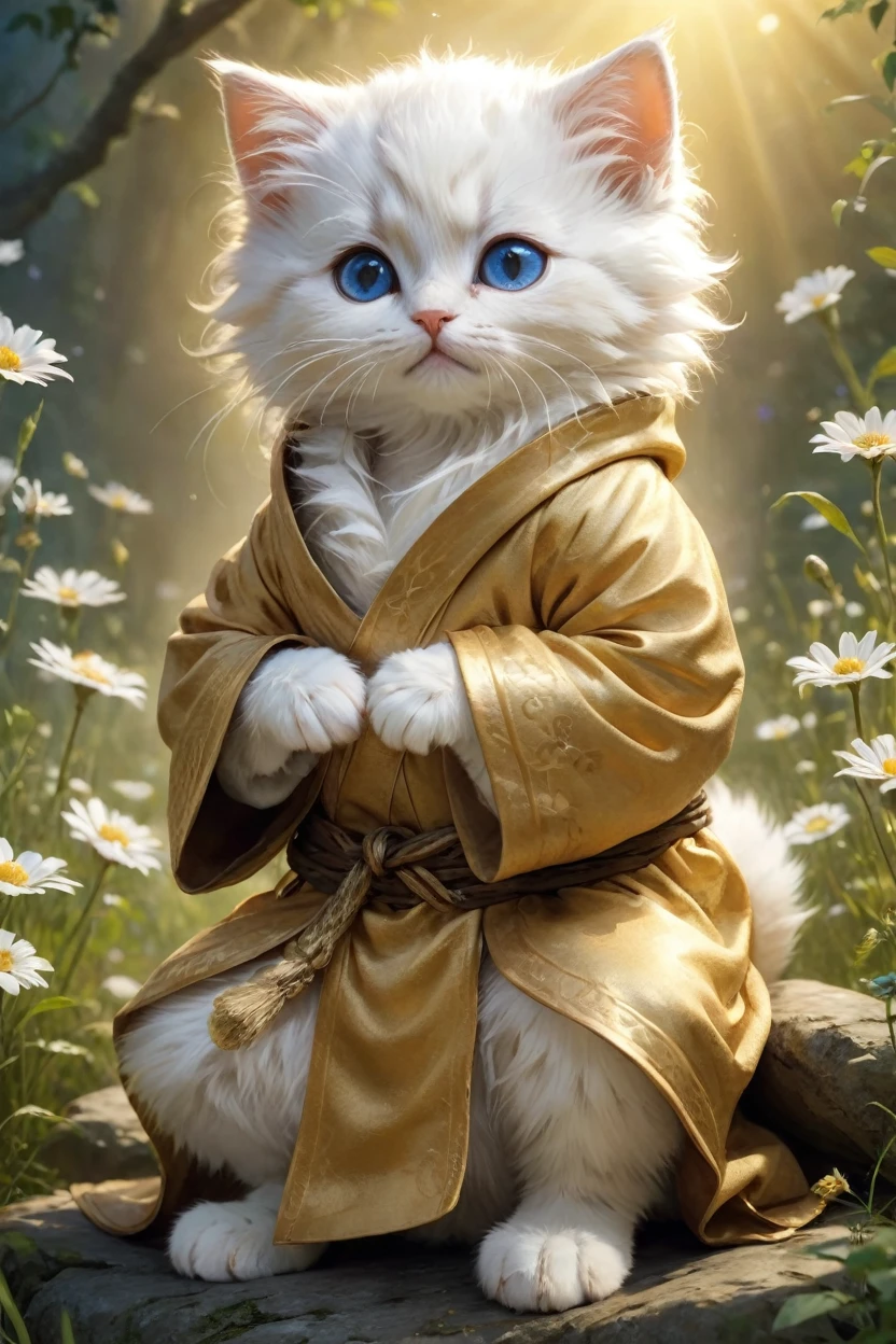 small, かわいいto be bornき物, Wearing a golden robe, whole body, , Sitting, Costume, Fantasy art, Exquisite detail, Jean-Baptiste Monge Style, Alan Lee Style, Anthropomorphic blue-eyed white furry kitten, Movie Scenes, Dramatic shot angles, , Realistic, to be born々Stunning cinematic photorealism, Action Portrait, 8k, detailed, Full Frame, The background is mystical flower meadow, Mysterious Space, The sun is shining, Very God々Shining