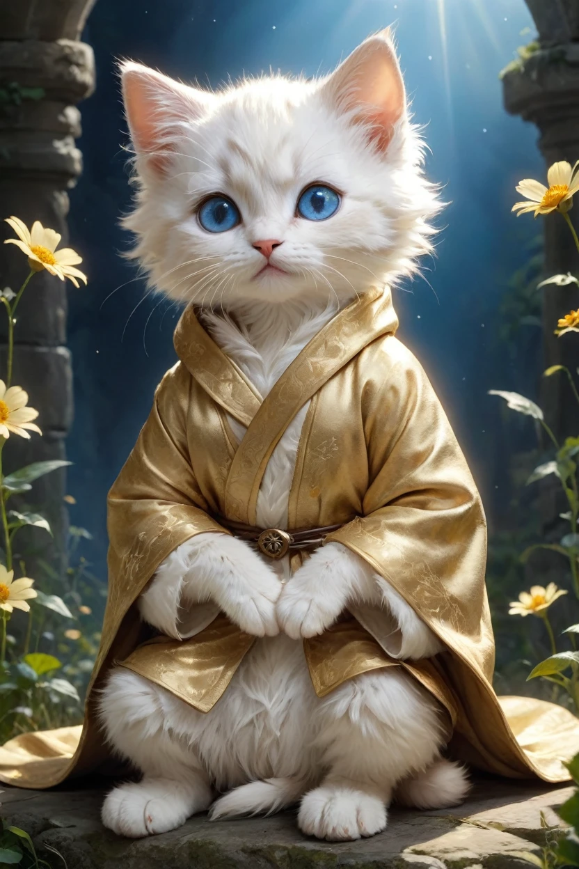 small, かわいいto be bornき物, Wearing a golden robe, whole body, , Sitting, Costume, Fantasy art, Exquisite detail, Jean-Baptiste e Style, Alan Lee Style, Anthropomorphic blue-eyed white furry kitten, Movie Scenes, Dramatic shot angles, , Realistic, to be born々Stunning cinematic photorealism, Action Portrait, 8k, detailed, Full Frame, The background is mystical flower meadow, Mysterious Space, The sun is shining, Very God々Shining