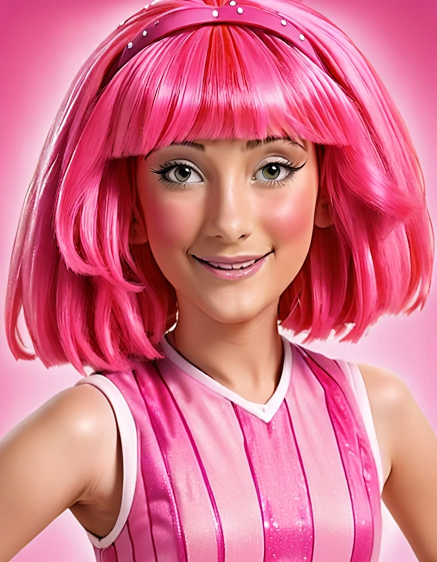 stephanie, lazy town, with pink hair and a pink wig, stripped dress, realistic
