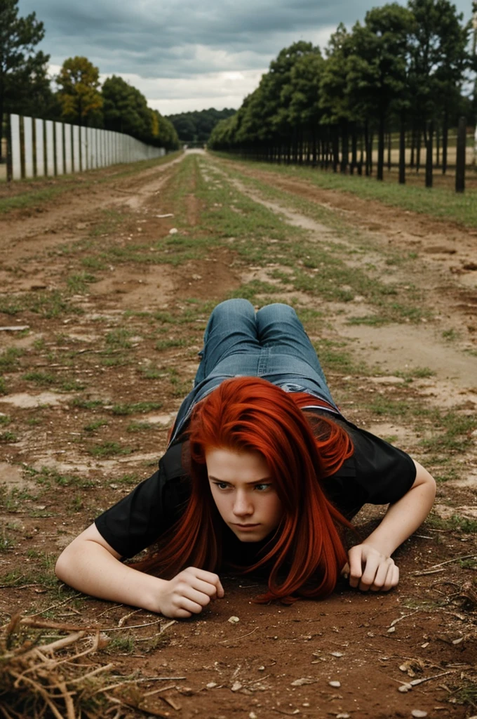 A 17 years old young men, red hair, falling from The sky into the ground with emotionless face
