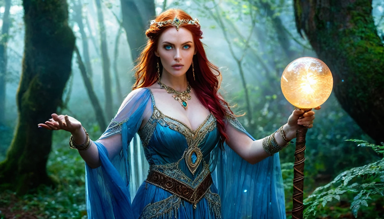 Triss Merigold does fire magic on her hands, best qualityer,high resolution,ultra detali,(realisitic:1.37),beautiful detailed eyes,beautiful detailed lips,extremely detailed eye and face,long eyelashes,(HDR:1.1),(bright coloured:1.1),(sharp focus:1.1),(Physically based rendering:1.1),portraite,Sorceress,Red hair,distinct white stripe,complex gold jewelry,Elven heritage,blue colored eyes,confident expression,ferocious,standing in a magical forest,against a backdrop of ancient trees and fog,holding a wooden staff with a glowing crystal sphere on top,wearing a flowing dress made of shiny fabric,soft sunlight filtering through the leaves,casting a warm, ethereal glow over her,mysterious shades of blue and purple all around you,illuminating her with a mystical aura.