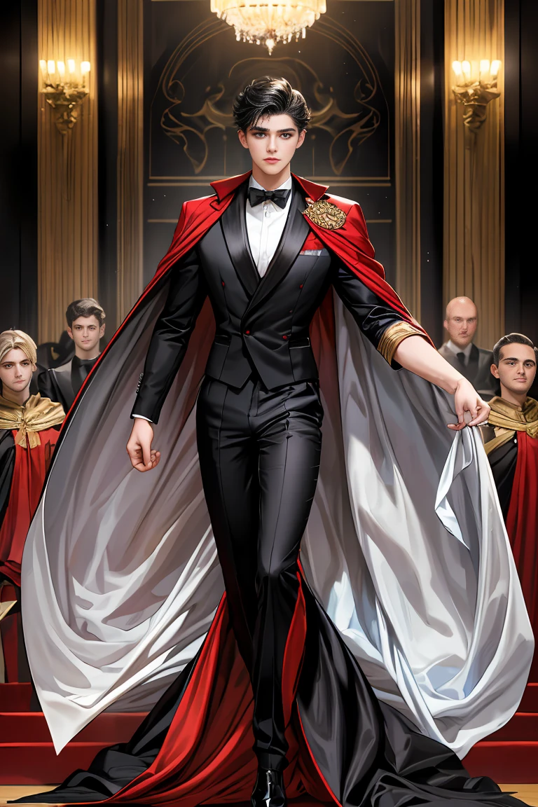 
masterpiece, 最high quality, high quality, 1 boy, alone, Male focus, Watching the audience,  Messy black hair, Adorable big blue eyes, White people, Noble, Noble,Sexy voluminous black and red cape、Tuxedo、A very voluminous, large, very large, very large, long, long red and black cape with a high stand-up collar, reaching down to the floor, made of a lot of fabric., 17 years old,Cute beautiful boys,Cute, cute, kind, handsome guy