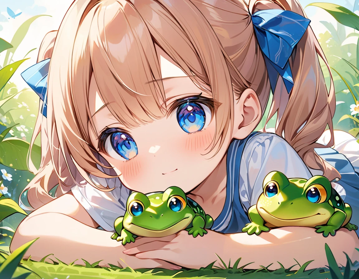 Highest quality、High resolution、Detailed Background、Beautiful face in every detail、Anatomically correct、Detailed facial expressions、fine grain、((full body, from below, side view)), ((One Girl))、Chibi Girl、Cute hair color、Big beautiful blue eyes、Braided twin tails、Elementary school, (Tank top、Vneck、mini skirt、Cute Shoes)、break grassland、((Lying face down、Rest your chin on your hands and bend your knees))、Giant baby frog in front of face、Facing a frog、Touching with trepidation、I have a lot of tears in my eyes、An expression that looks like it's about to cry、Close up hands、