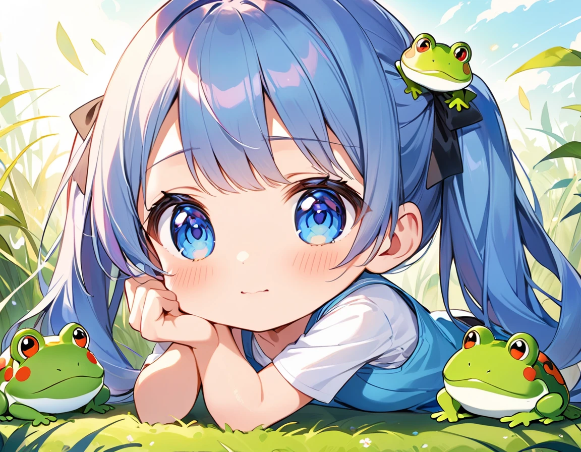 1girl, cute, chibi, big eyes, thick lines, frog, green, rainy, hydrangea