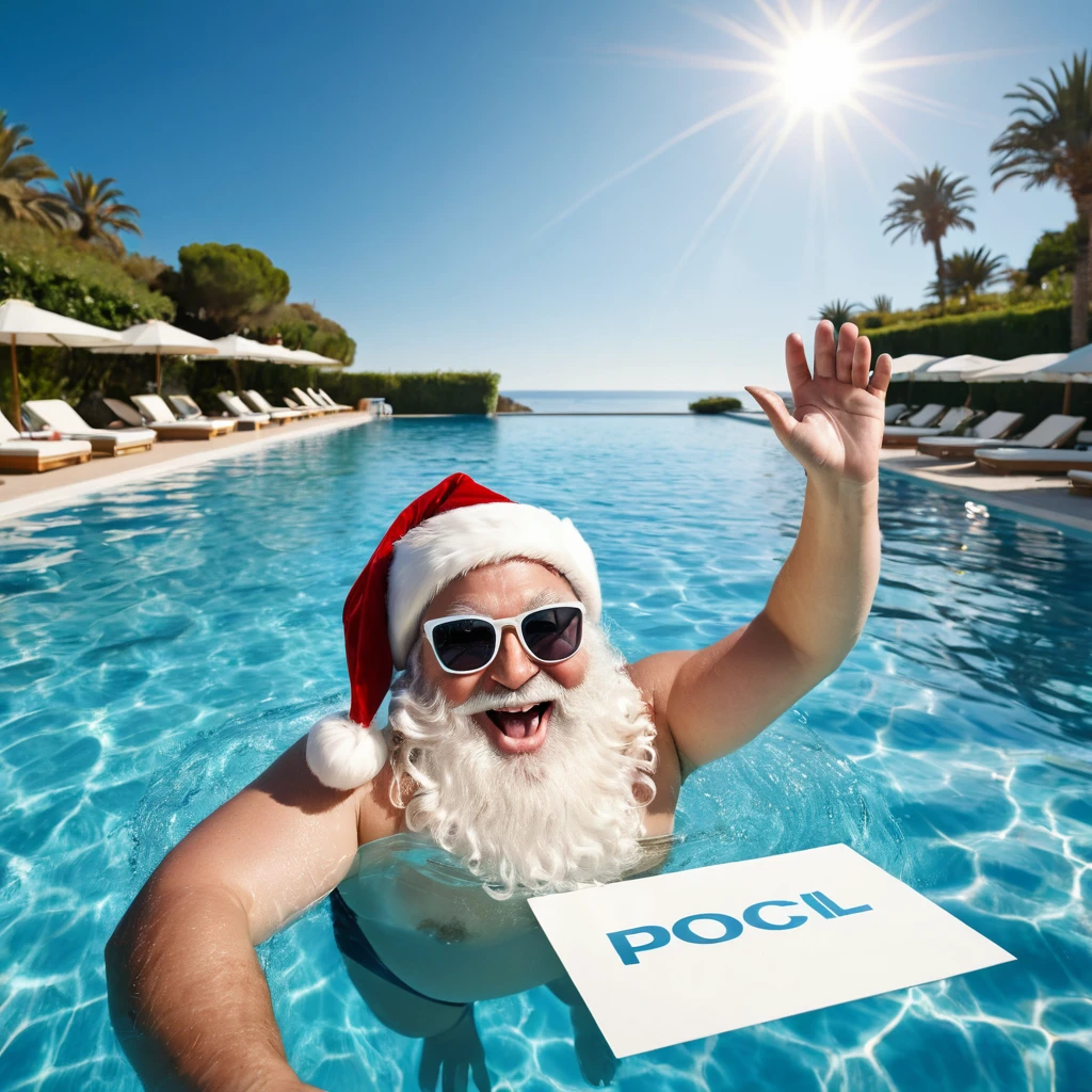 Captures an image from different angles of a swimming pool in which there are white rectangular signs in the water without any text, all posters are the same, In the center of the pool, a fat, smiling Santa Claus bathing in sunglasses floats in the water., very happy and holding a giant blank sign without text in his hands above his head . All the action takes place under a bright sun on a Mediterranean beach with impressive lighting for a perfect shot. Professional photography, 8k, RAW photo, The best quality, masterpiece, photorealistic, Highly detailed, cinematic lighting, sharp focus, réflex digital, high resolution, photorealistic,
