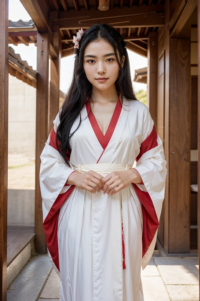 A beautiful shrine maiden stands gracefully in an elegant kimono, The colors are a perfect combination of red and white, which are symbols of purity.. Her jet black hair flowed long, well maintained、Shining in the sunlight. His deep, His bright dark eyes radiated calm and wisdom., As if it holds an ancient tale from the past.. Her smooth, symmetrical face、It is decorated with a gentle smile that gives an aura of peace to the viewer.。.