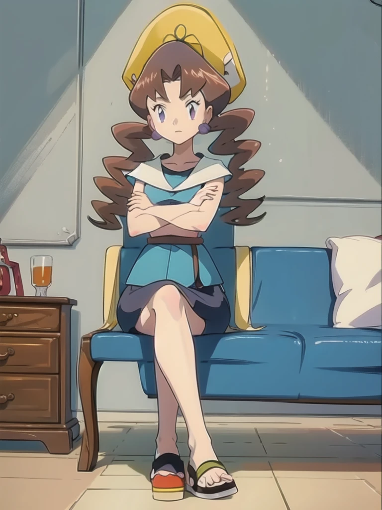 1girl, solo, sitting, looking_down, crossed_legs, crossed_arms, masterpiece, high quality, best quality, Caroline_(pokemon)