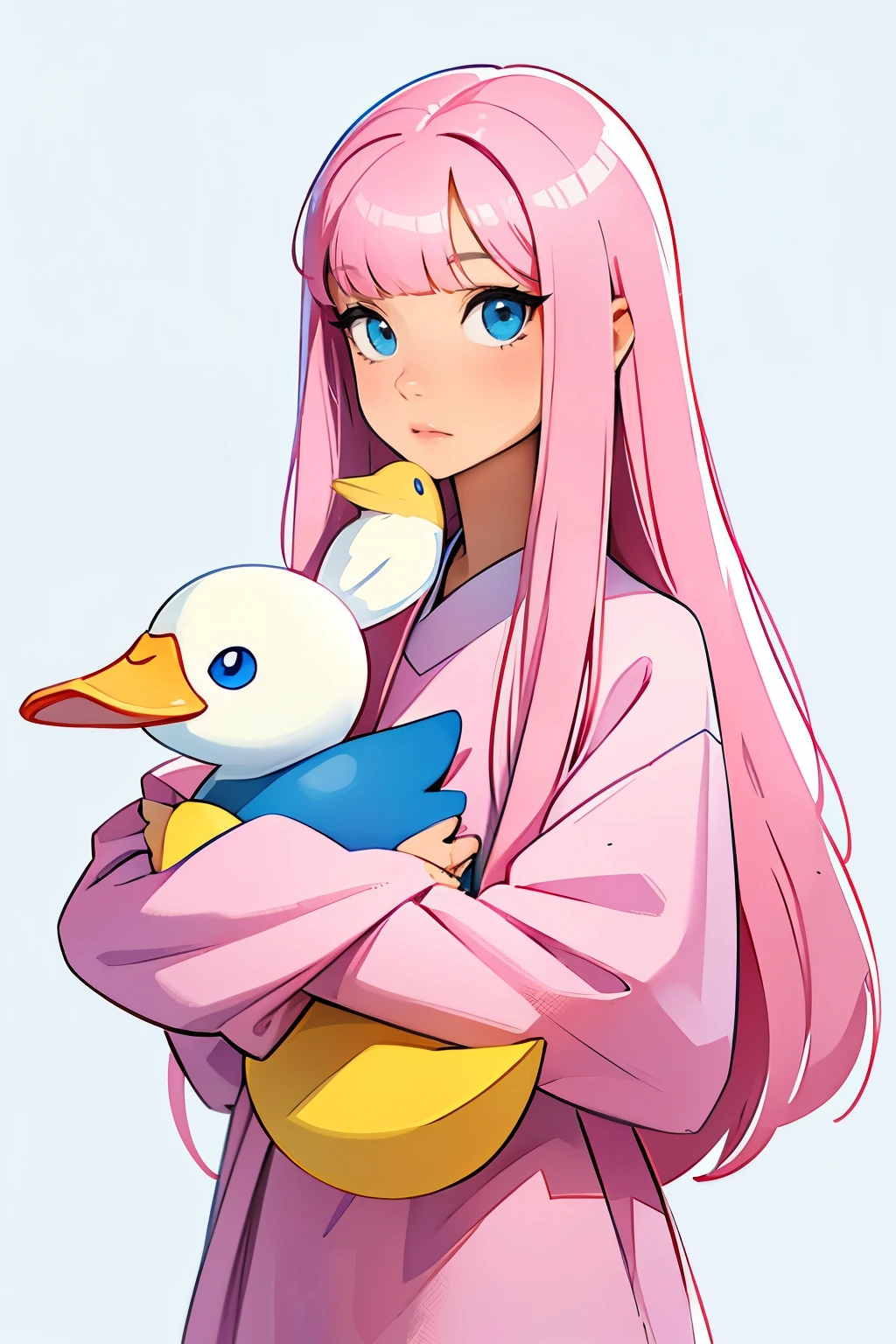 samdoesarts style beautiful , White background ,Sam Style, , , , long pink straight hair, straight bangs, different colored eyes, left eye blue, other pink, Children's costume, holding a toy in the form of a yellow duck in his hands