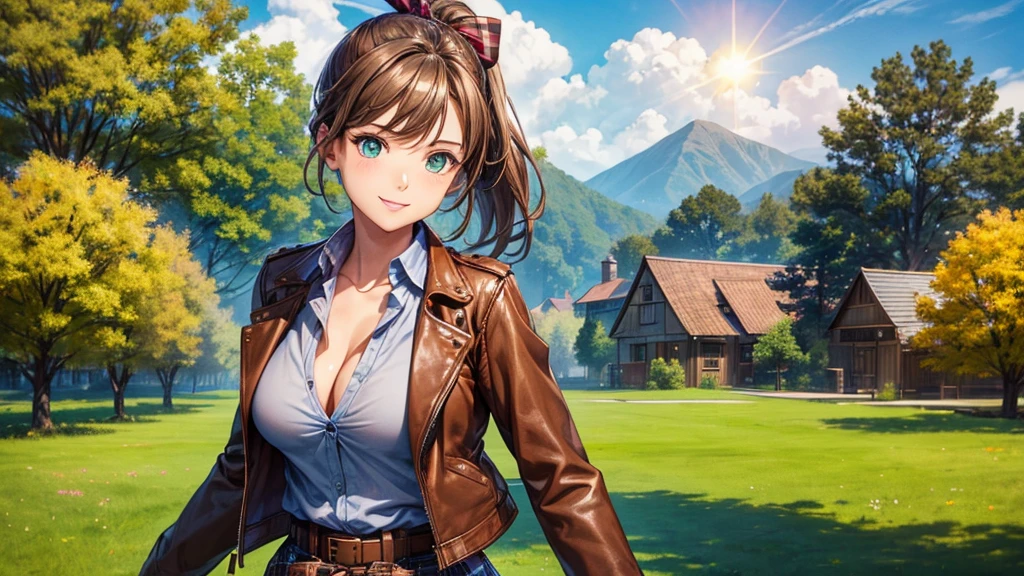 girl, solo, village, trees, sun, clouds, ((brown hair)), ponytail, large breasts, ((brown leather jacket)), button down shirt, ((blue checked shirt)), ((unbuttoned shirt)), unbuttoning buttons, cleavage 1:3, green eyes, long skirt, brown boots, smile, happy, looking at the viewer, standing, hair ribbon, golden necklate