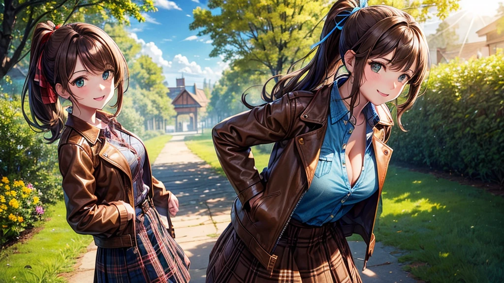 1girl, solo, village house, trees, sun, clouds, ((brown hair)), ponytail, large breasts, ((brown leather jacket)), button down shirt, ((blue checked shirt)), ((unbuttoned shirt)), unbuttoning buttons, cleavage 1:3, green eyes, long skirt, brown boots, smile, happy, looking at the viewer, standing, hair ribbon, golden necklate, wind