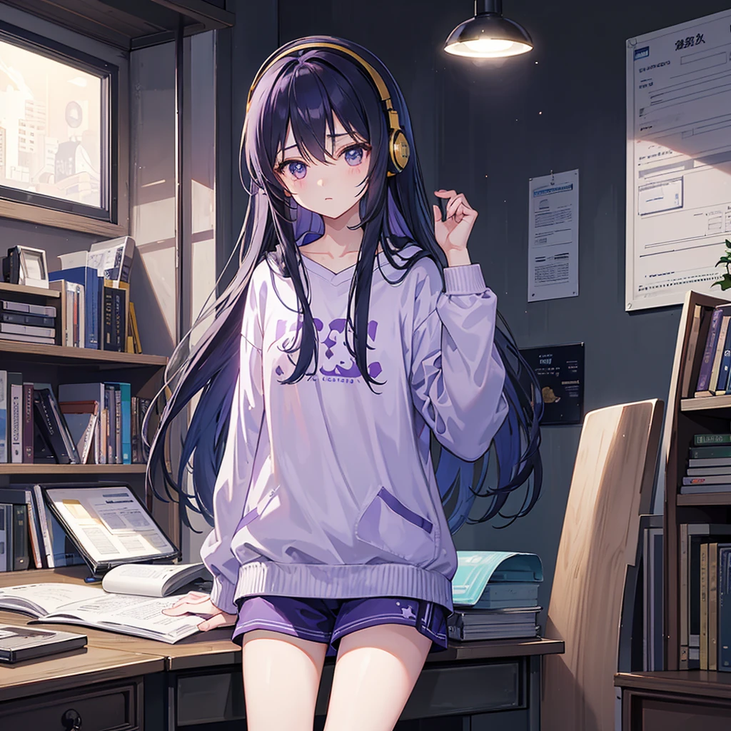 Vertical portrait (4:5 ratio) of a 15-year-old Taiwanese girl studying late at night. The room is very dimly lit, with only a small desk lamp providing warm, localized light. The girl wears large "ANE//AB" branded headphones and light blue pajamas with shorts. She's leaning over her desk, eyes focused intently on an open textbook. Her long dark hair falls forward, partially obscuring her face. The desk is cluttered with study materials, mostly in shadow. A window shows a dark night sky with a few stars. In a dark corner, a golden retriever sleeps, barely visible. The scene is in Lo-fi anime style, using deep blues, purples, and muted ambers to emphasize the late-night atmosphere. Shadows are pronounced, contrasting with the small pool of light from the desk lamp.