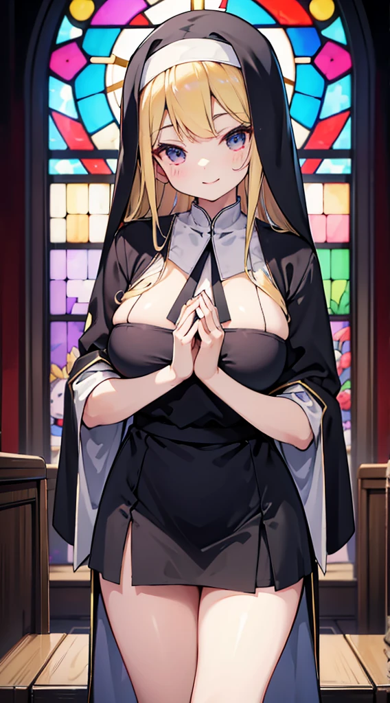 nun，nun服，黑白nun服，Colored hair，nun头巾，Big breasts，Full of figure，Close-up above the waist，Upper body close-up，Church Background，Stained window glass，Mosaic art background，nun，高开叉nun长袍，Robe hem，The front of the robe，The front of the robe hangs down，Knee socks，Knee socks，Knee socks，黑色过膝Silk socks，Silk socks，情趣nun服，High slit robe，Silk socks，Knee socks，Prayer posture，Leg ring，sock，Prayer posture，Robe hem，Long hem，Flesh，Long skirt，Long skirt，Long skirt，Long front robe，Front of robe，Long blond hair，blond，cute，gentle，Smile，慈爱的Smile，Wide crotch，Wide crotch，Thin waist
