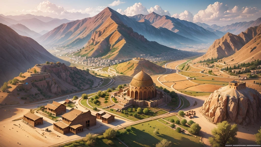 Beautiful scenery of ancient Iranian village, Aerial view, Photorealistic photos, High definition.