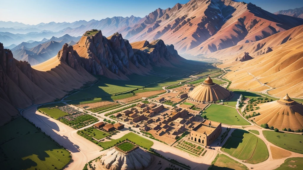 Beautiful scenery of ancient Iranian village, Aerial view, Photorealistic photos, High definition.
