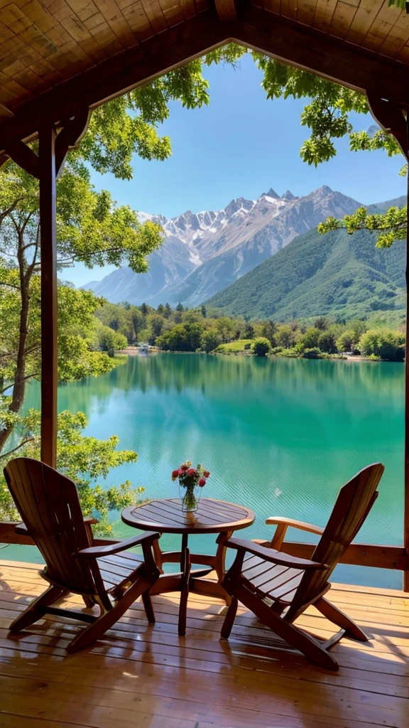 Close-up of two chairs on wooden deck by lake, stunning natural background, beautiful place, All set within stunning outdoor landscapes, lago di sorapis, beautiful scenery, Beautiful lake, Very close to real nature, Paradise in the background, mountains and lakes, Sitting in front of the lake, Beautiful scenery, 非常Beautiful scenery, beautiful scenery