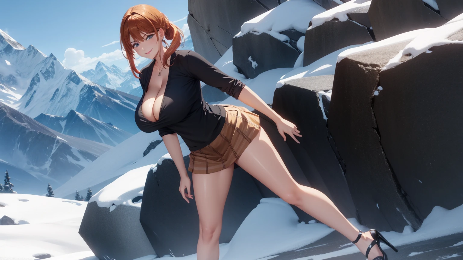 1 girl, very big breasts, very sexy body, 1 girl in, a smile, looks at the viewer, black shirt, super short white school miniskirt, full body, giant breasts, cleavage, giant breasts, heels, background in the mountains 1 girl , with big breasts. long legs QUEEN huge tits, (cleavage), high legs, (standing), sexy and muscular body. short skirt.4k hd