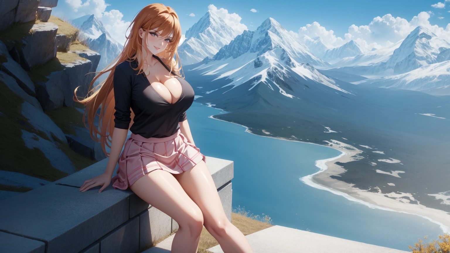 1 girl, very big breasts, very sexy body, 1 girl in, a smile, looks at the viewer, black shirt, super short white school miniskirt, full body, giant breasts, cleavage, giant breasts, heels, background in the mountains 1 girl , with big breasts. long legs QUEEN huge tits, (cleavage), high legs, (standing), sexy and muscular body. short skirt.4k hd