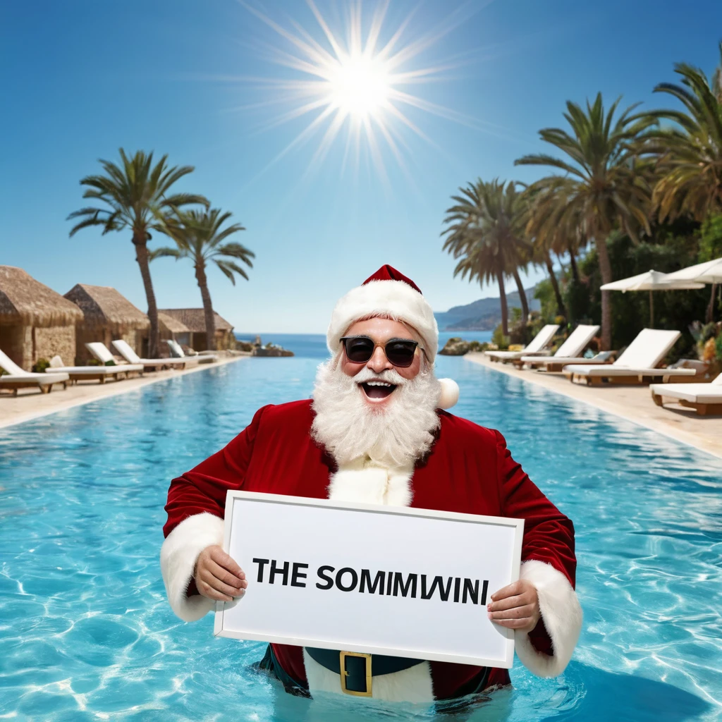 Captures an image from different angles of a swimming pool in which there are white rectangular signs in the water without any text, all posters are the same, In the center of the pool, a fat, smiling Santa Claus bathing in sunglasses floats in the water., very happy and holding a very large blank sign without text in his hands above his head. All the action takes place under a bright sun on a Mediterranean beach with impressive lighting for a perfect shot. Professional photography, 8k, RAW photo, The best quality, masterpiece, photorealistic, Highly detailed, cinematic lighting, sharp focus, réflex digital, high resolution, photorealistic, 