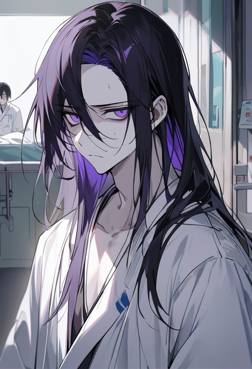1 person、male。Drooping eyes、1 person 、Wearing a white coat。黒髪long。Long Hair。long。Black inner。Look sick。Purple Eyes。　Expressionless。Cool impression。doctor。Pale skin。thin体。Worried eyebrowature。thin。（美しい若いmale）, A serious expression, as if staring right at me, high quality, Draw Amount, Pixiv illustration、Hospital room、Lowered corner of the eye