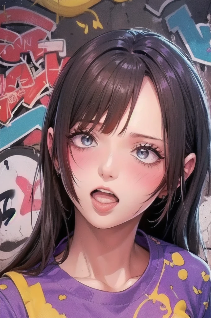 (best quality), masterpiece, extremely detailed CG uniform 8K illustration, high color, extremely high color saturation, all colors deepened, paint, graffiti art, center composition, extremely detailed light and shadow, graffiti wall, wall painted bright, 1 girl graffiti 1 girl looking at the wall, extremely detailed face and eyes, medium length hair, sportswear, colored clouds