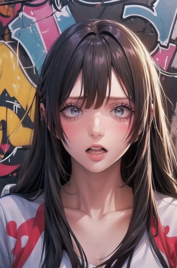 (best quality), masterpiece, extremely detailed CG uniform 8K illustration, high color, extremely high color saturation, all colors deepened, paint, graffiti art, center composition, extremely detailed light and shadow, graffiti wall, wall painted bright, 1 girl graffiti 1 girl looking at the wall, extremely detailed face and eyes, medium length hair, sportswear, colored clouds