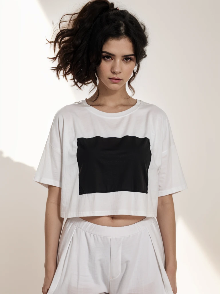 Best quality, masterpiece, ultra high res, (photorealistic:1.5), raw photo, 1 mature Ancient Egyptian girl, (((black cropped oversized  t-shirt hirt))), wide shoulders, in the dark, deep shadow, low key, cold light, sexy look, black Cleopatra's hair, (((black hair))), bright eyes, yin sanpaku eyes, eyeshadow, (((plain white background))), cinematic studio lighting