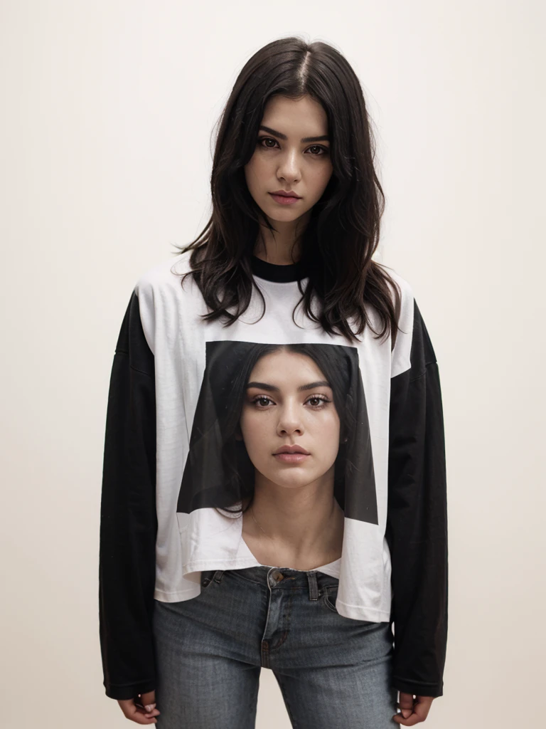 Best quality, masterpiece, ultra high res, (photorealistic:1.5), raw photo, 1 mature Ancient Egyptian girl, (((black cropped oversized t-shirt hirt))), wide shoulders, in the dark, deep shadow, low key, cold light, sexy look, black Cleopatra's hair, (((black hair))), bright eyes, yin sanpaku eyes, eyeshadow, (((plain white background))), cinematic studio lighting