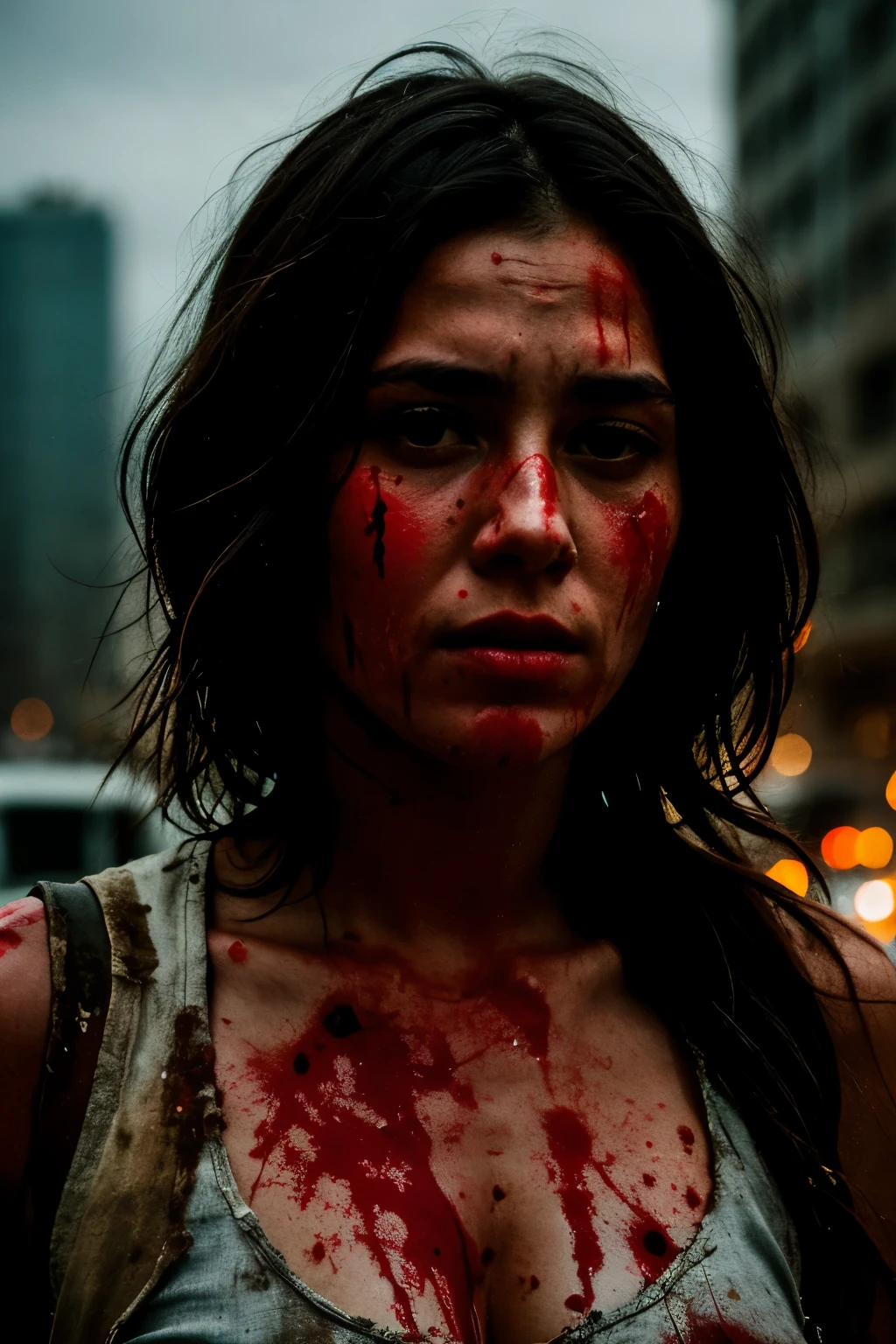 cinematic, close up photo, woman covered in blood, scars, in shock, wounded, apocalyptic city, survival