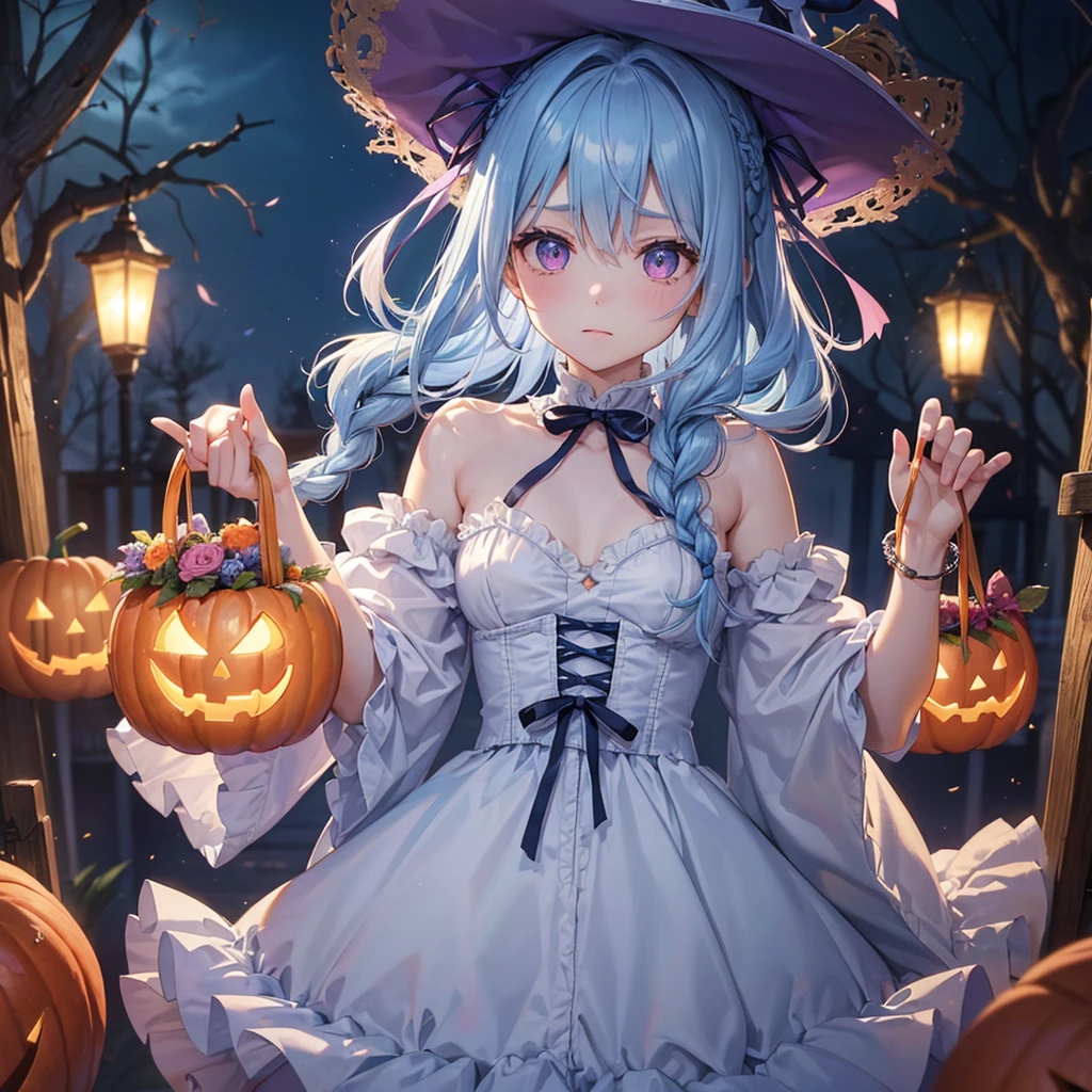 (Light blue medium hair:1.2),(Braided hair:1.2)、Pink eyes、Fair skin、cowboy shot、Halloween、The background is a pumpkin ghost、Crescent Moon、Trick or Treat、A lot of sweets、witch、Halloween night、Candy、many bat、Condescending expression、solo、(masterpiece、Highest quality、Very detailed、Best Shadow)、(Detailed Background)、(Beautifully detailed face)、High contrast、(Best lighting、Very delicate and beautiful)、(Cinematic Light)、colorful、Hyper Detail、Dramatic Light、Exquisite detail、