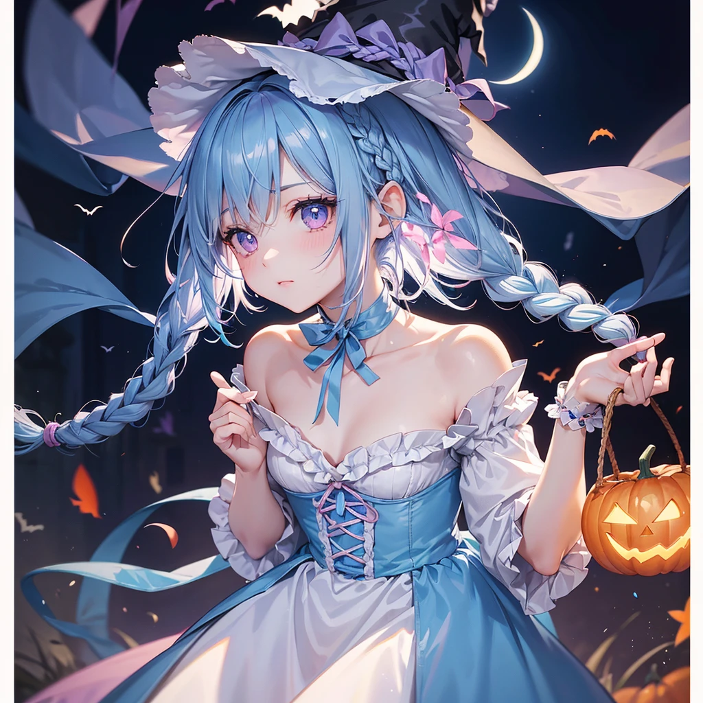 (Light blue medium hair:1.2),(Braided hair:1.2)、Pink eyes、Fair skin、cowboy shot、Halloween、The background is a pumpkin ghost、Crescent Moon、Trick or Treat、A lot of sweets、witch、Halloween night、Candy、many bat、Condescending expression、solo、(masterpiece、Highest quality、Very detailed、Best Shadow)、(Detailed Background)、(Beautifully detailed face)、High contrast、(Best lighting、Very delicate and beautiful)、(Cinematic Light)、colorful、Hyper Detail、Dramatic Light、Exquisite detail、