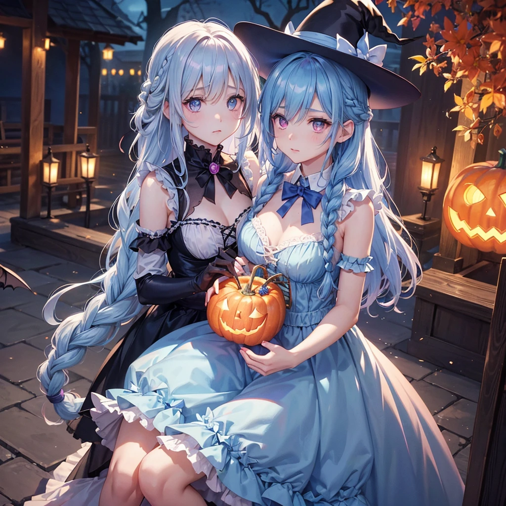 (Light blue medium hair:1.2),(Braided hair:1.2)、Pink eyes、Fair skin、cowboy shot、Halloween、The background is a pumpkin ghost、Crescent Moon、Trick or Treat、A lot of sweets、witch、Halloween night、Candy、many bat、Condescending expression、solo、(masterpiece、Highest quality、Very detailed、Best Shadow)、(Detailed Background)、(Beautifully detailed face)、High contrast、(Best lighting、Very delicate and beautiful)、(Cinematic Light)、colorful、Hyper Detail、Dramatic Light、Exquisite detail、