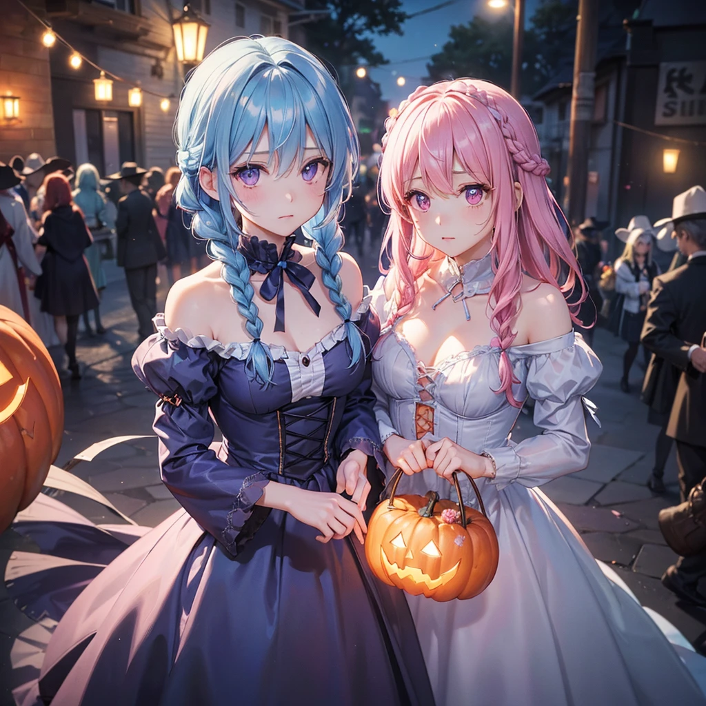 (Light blue medium hair:1.2),(Braided hair:1.2)、Pink eyes、Fair skin、cowboy shot、Halloween、The background is a pumpkin ghost、Crescent Moon、Trick or Treat、A lot of sweets、witch、Halloween night、Candy、many bat、Condescending expression、solo、(masterpiece、Highest quality、Very detailed、Best Shadow)、(Detailed Background)、(Beautifully detailed face)、High contrast、(Best lighting、Very delicate and beautiful)、(Cinematic Light)、colorful、Hyper Detail、Dramatic Light、Exquisite detail、